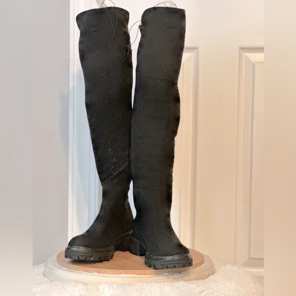 Black Faux Suede Knee High Boots